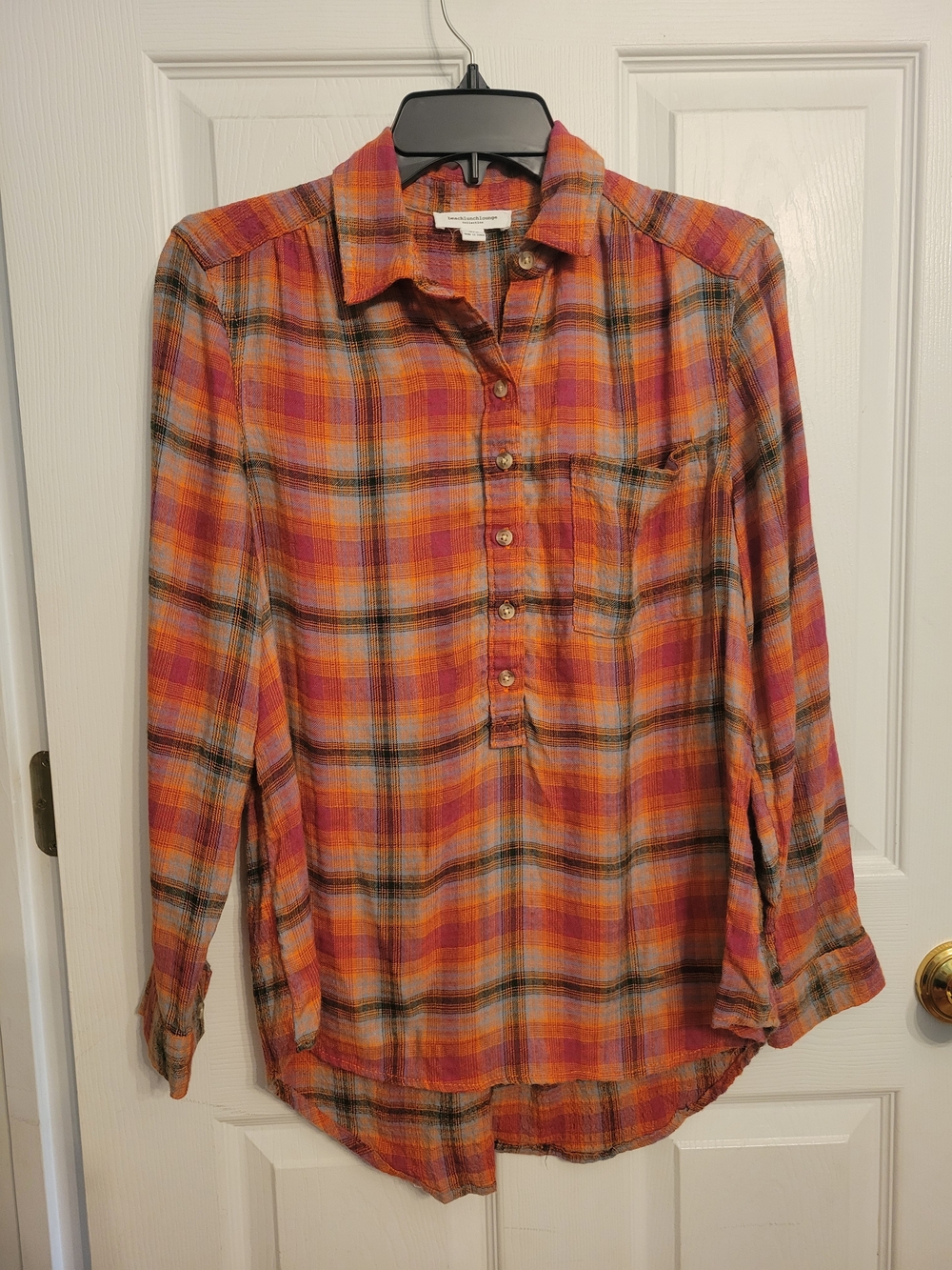 Women's Lightweight Orange Plaid Button Pullover
